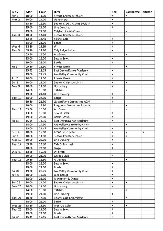 Colyford Memorial Hall Bookings 1